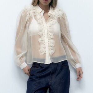 Zara Organza Sheer Ruffle Button Up Blouse with Pearl Embellished Collar